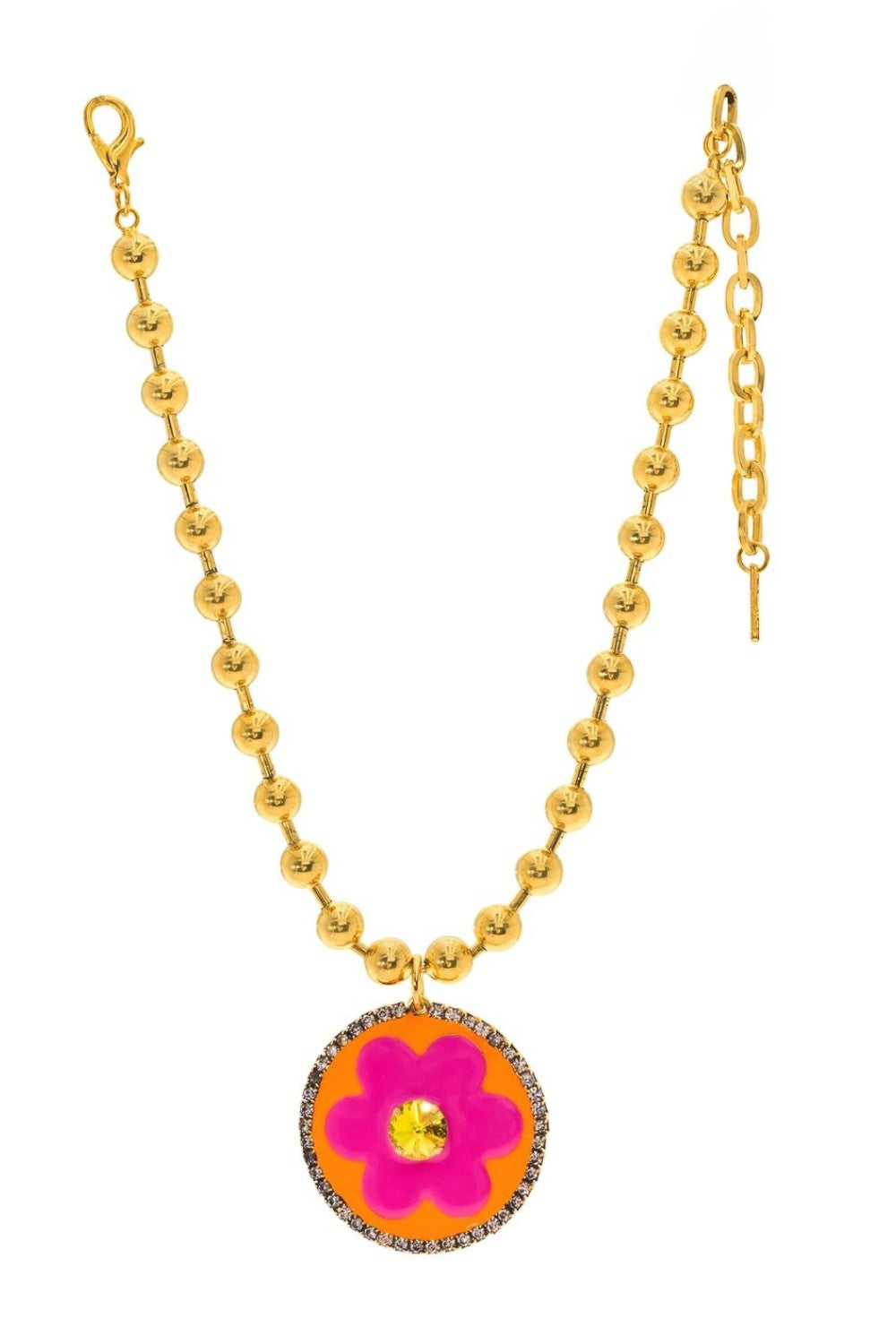 ELSHAM BOUTIQUE Toshka necklace featuring a gold bead chain and a vibrant lime and pink enamel flower pendant.