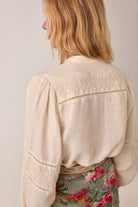 ELSHAM BOUTIQUE Virginia blouse in whisper white cotton-linen with delicate floral embroidery and long voluminous sleeves