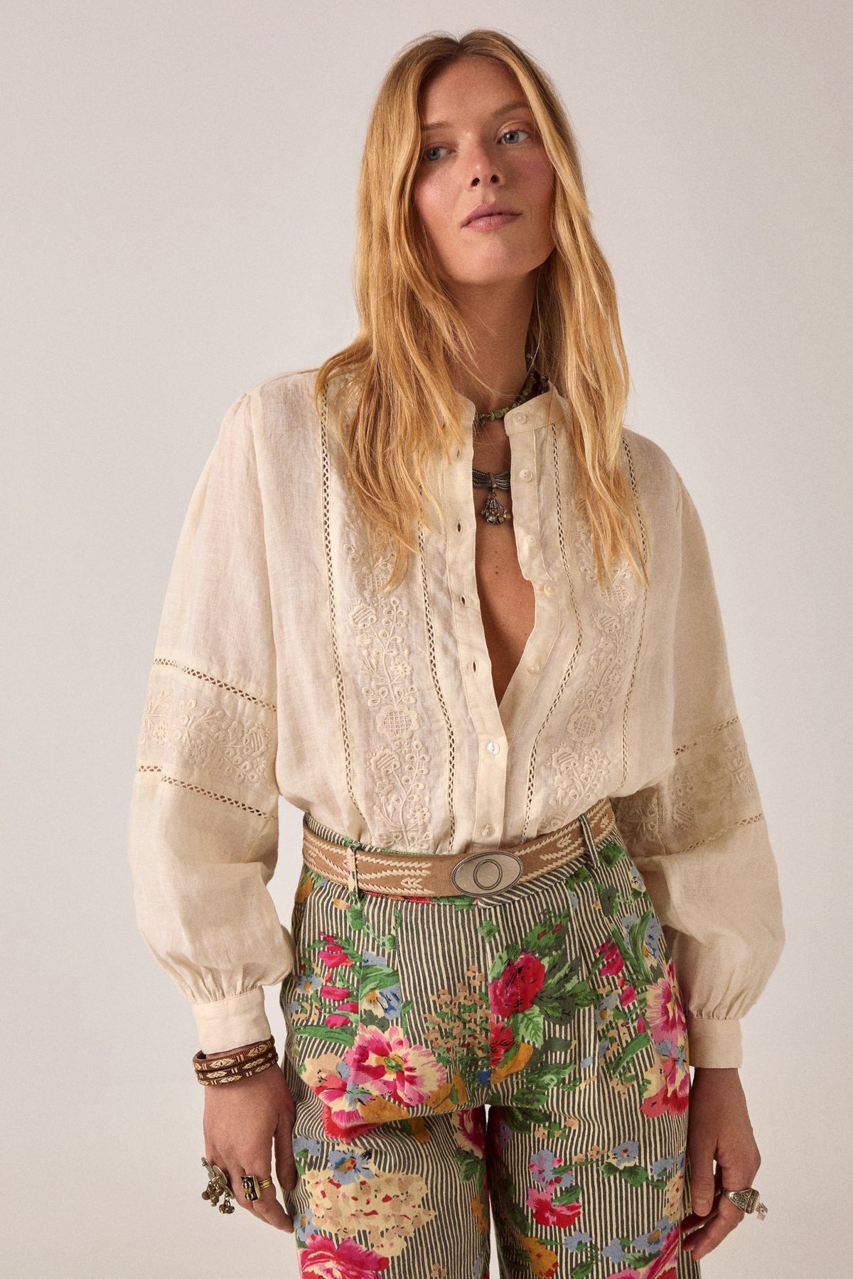 ELSHAM BOUTIQUE Virginia blouse in whisper white cotton-linen with delicate embroidery and long voluminous sleeves.