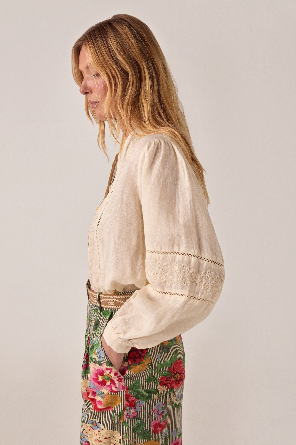 ELSHAM BOUTIQUE Virginia blouse in whisper white cotton-linen with delicate embroidery and long voluminous sleeves.