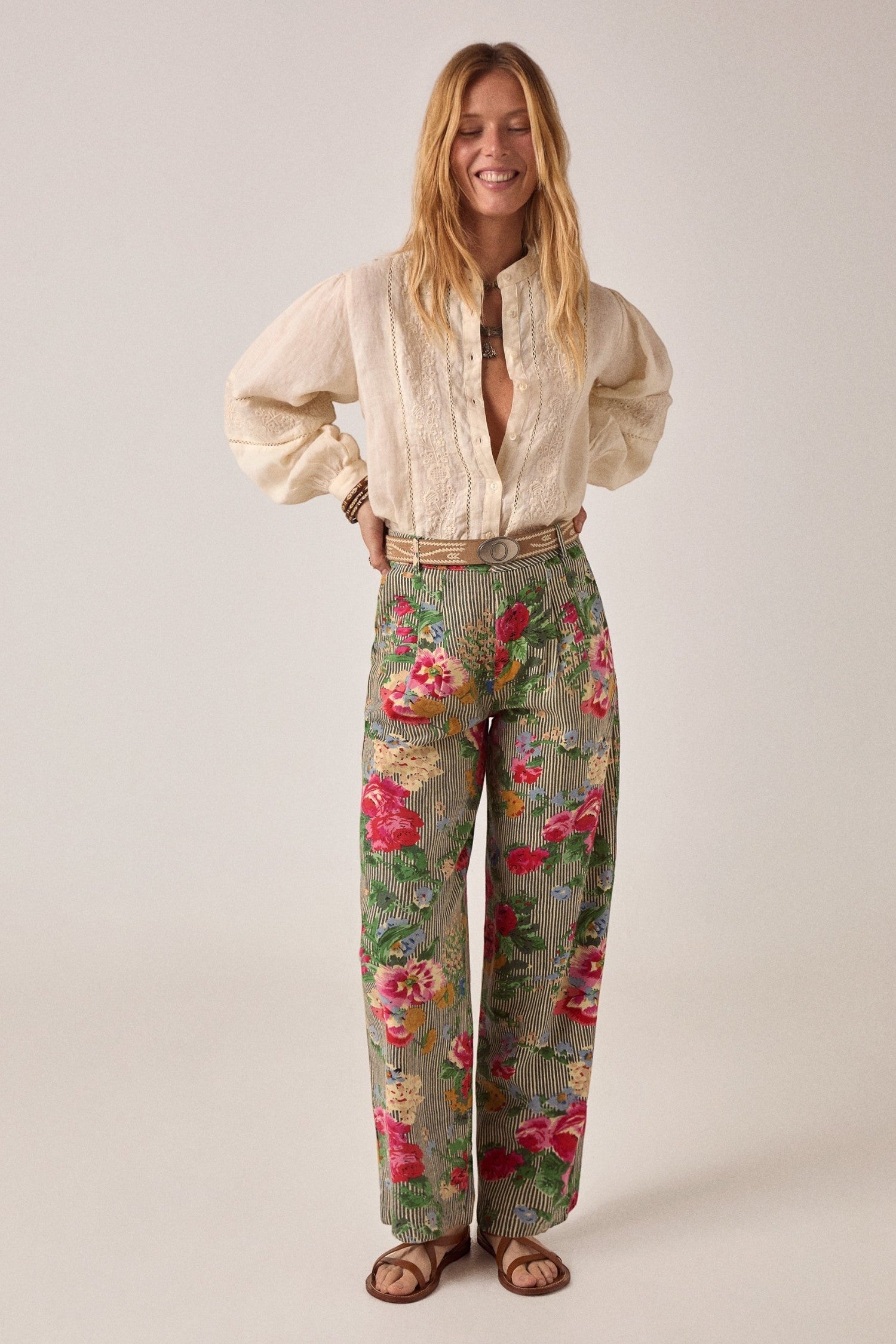 ELSHAM BOUTIQUE Virginia blouse in whisper white cotton-linen with delicate embroidery and long voluminous sleeves