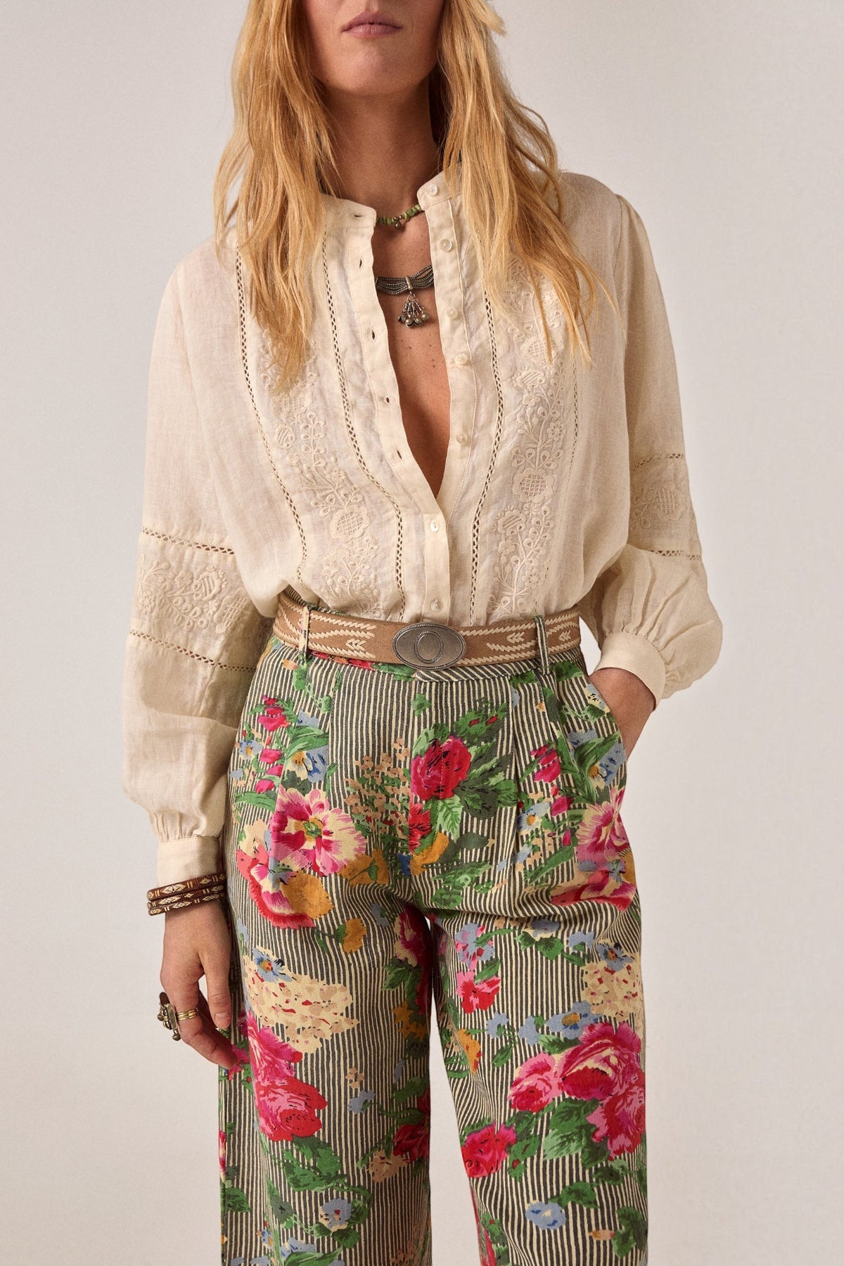 ELSHAM BOUTIQUE Virginia blouse in whisper white cotton-linen with delicate embroidery and long voluminous sleeves.
