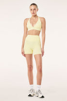 ELSHAM BOUTIQUE soft yellow 5-inch bike shorts with a high-rise V-waistband in peached Studio Soft fabric.