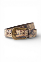 ELSHAM BOUTIQUE printed leather belt with beige studded loop and brass buckle.