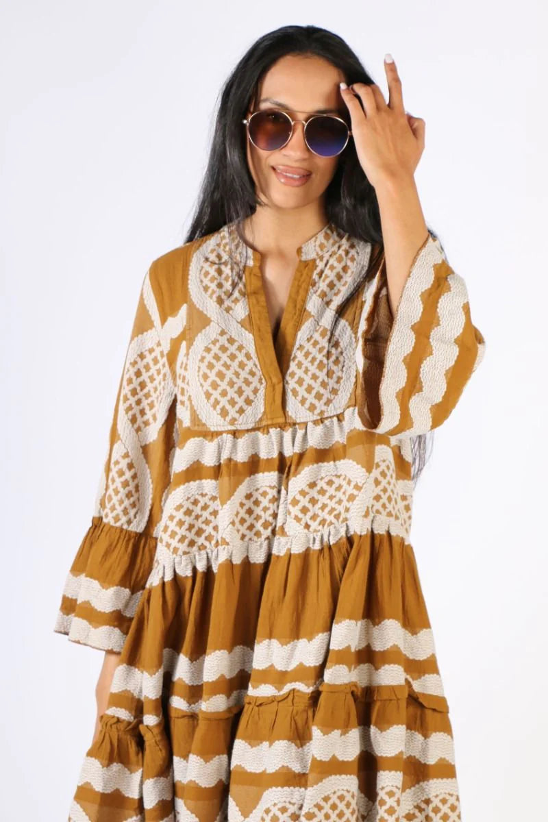 Zakar Midi Dress in White/Tan Zakar Midi Dress in White/Tan
