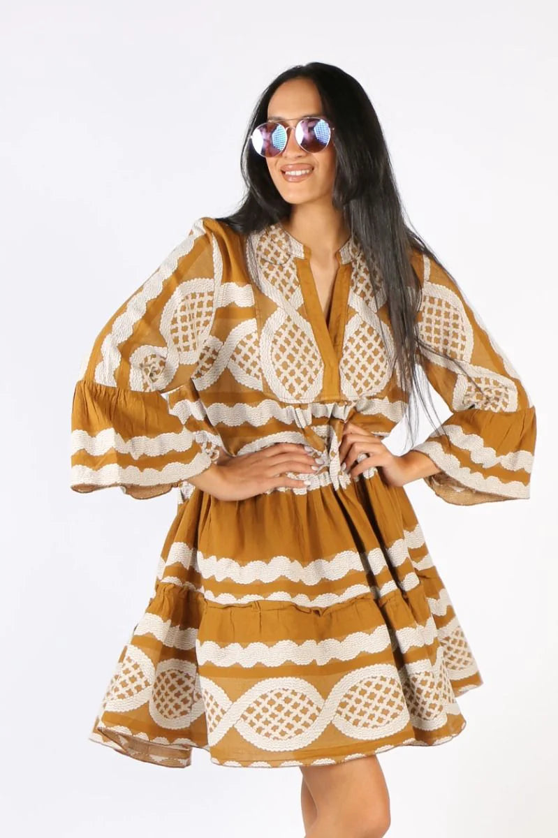 Zakar Midi Dress in White/Tan Zakar Midi Dress in White/Tan