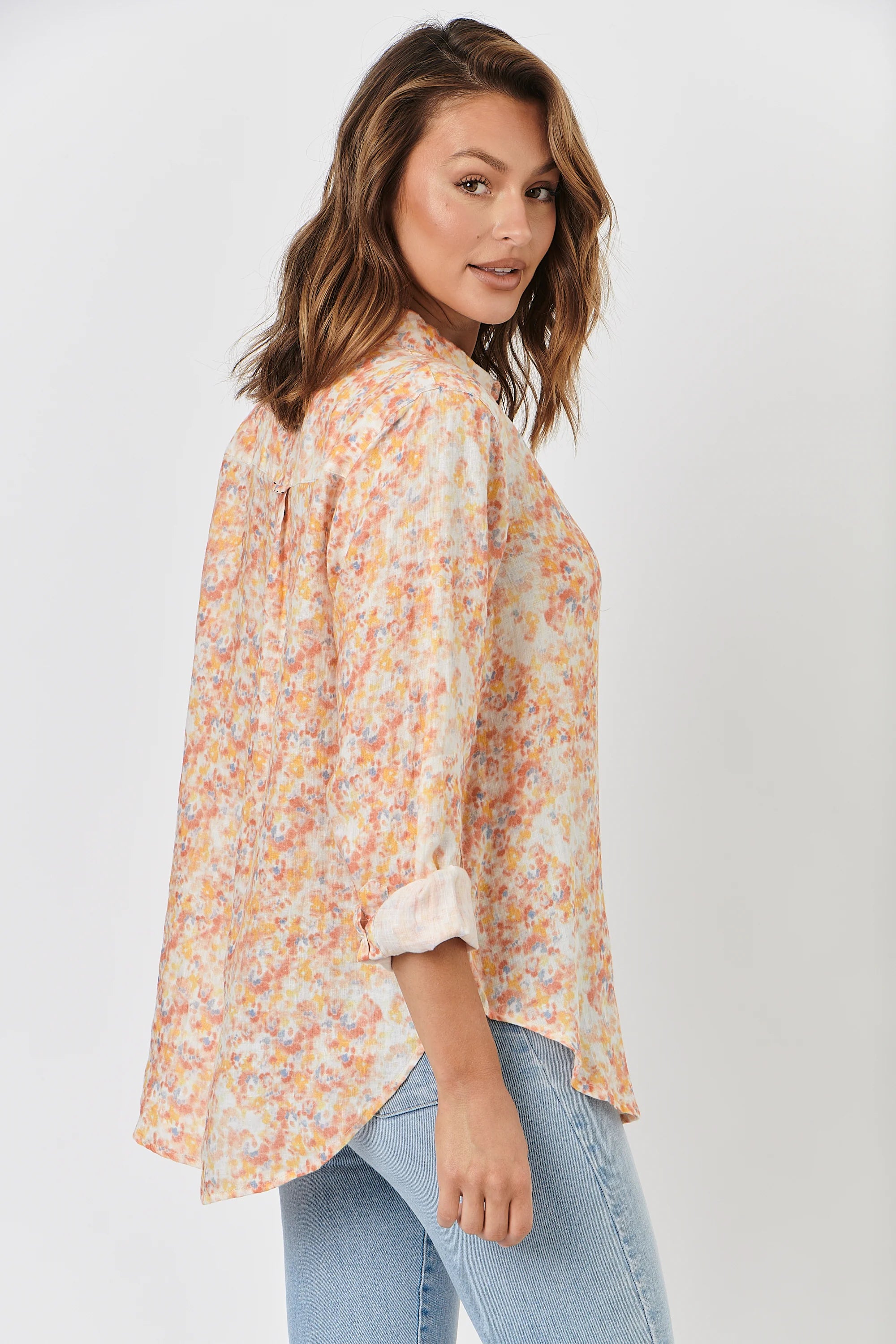 Linen Boyfriend Shirt in Apricot Floral Linen Boyfriend Shirt in Apricot Floral