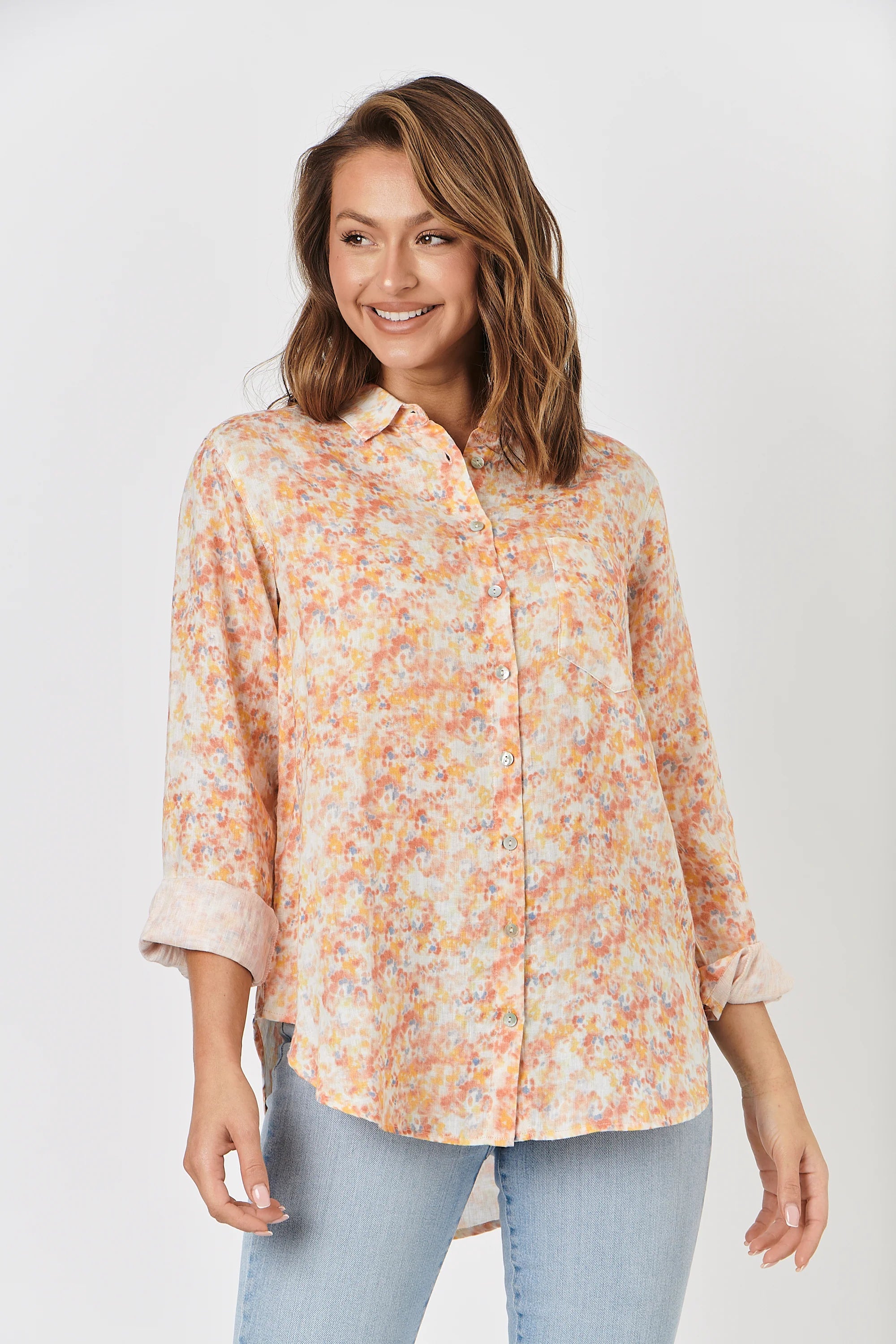 Linen Boyfriend Shirt in Apricot Floral Linen Boyfriend Shirt in Apricot Floral