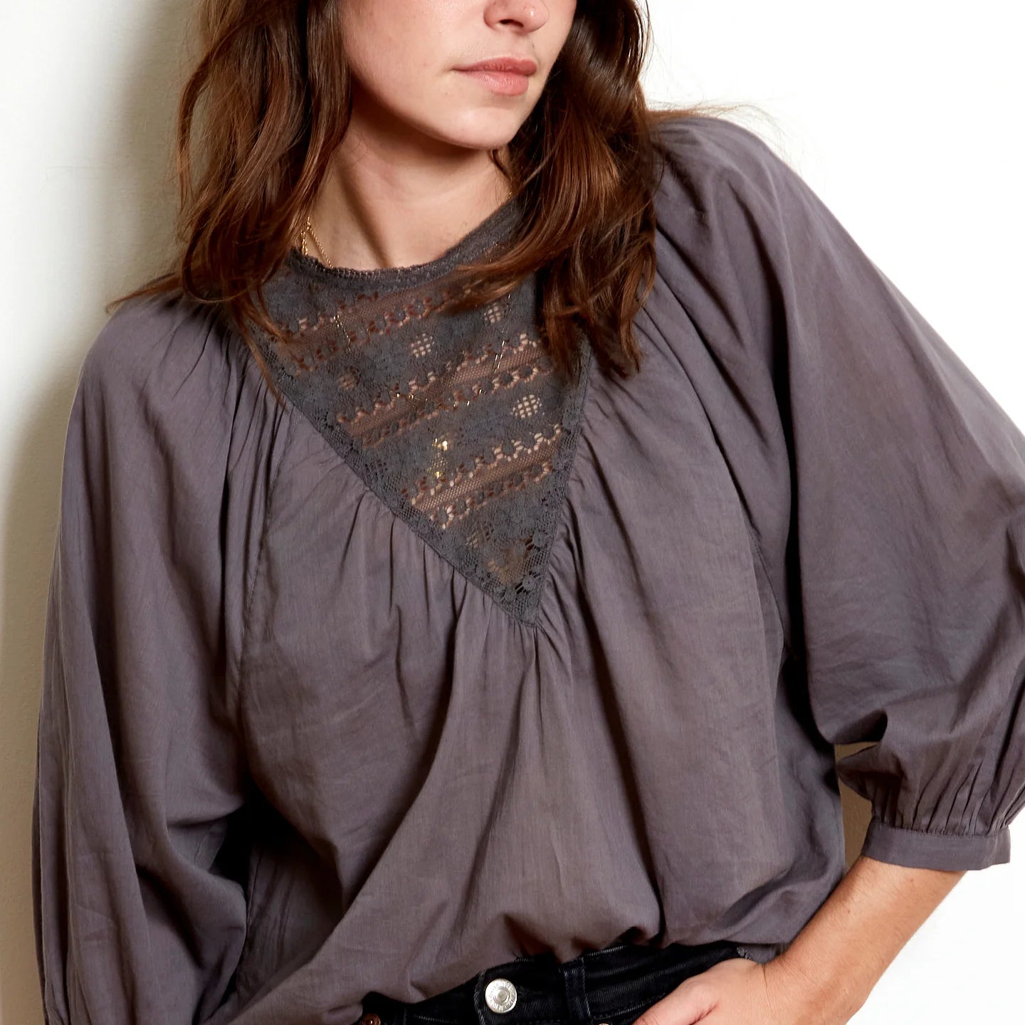 L'Ange Blouse with Sleeves in Charcoal L'Ange Blouse with Sleeves in Charcoal