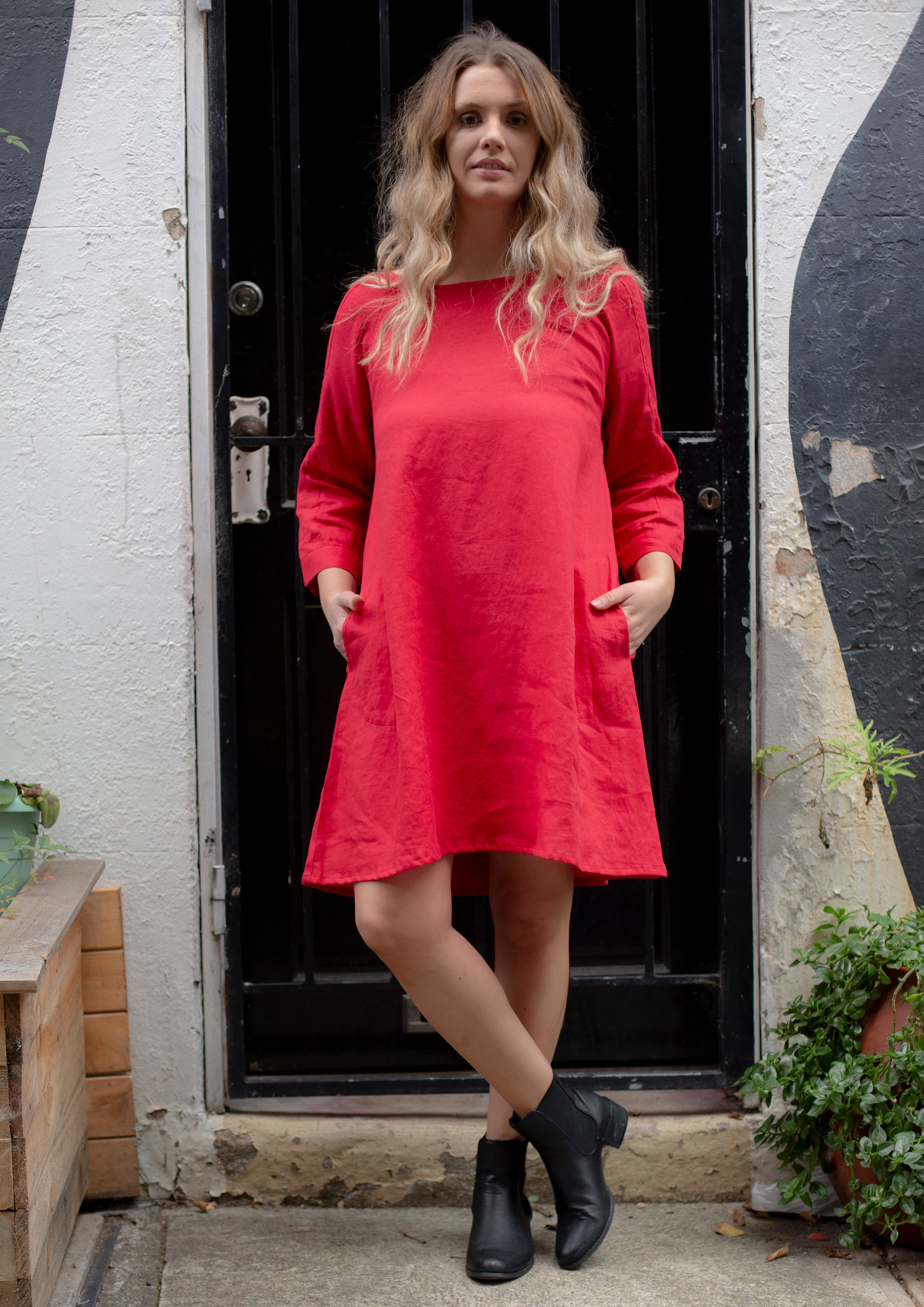 GA182 Linen Tunic Dress in Red GA182 Linen Tunic Dress in Red