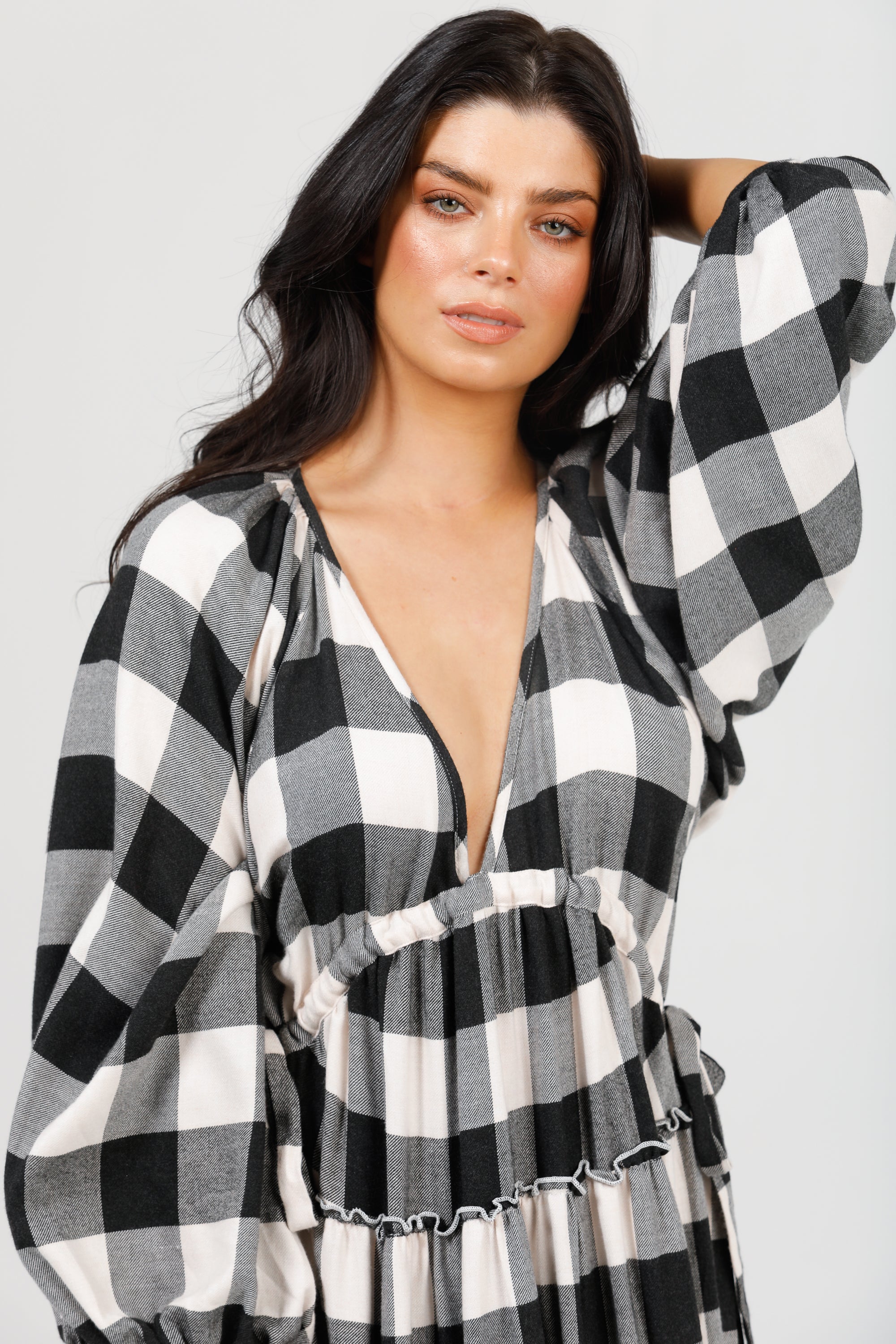 Shanty - Wing and A Prayer Maxi Dress - Womens - Linen Black and white CHECK Balloon Sleeve V neckline ELSHAM BOUTIQUE Shanty - Wing and A Prayer Maxi Dress - Womens - Linen Black and white CHECK Balloon Sleeve V neckline ELSHAM BOUTIQUE