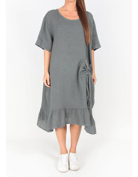 Ridley Clothing Collections Skyline Dress Womens Made in Italy Charcoal Linen Giant Pocket Autumn Range ELSHAM BOUTIQUE